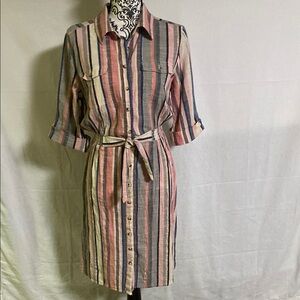 Millenium Cotton Striped Button-Down Shirt Belted Dress Elastic Waist EUC